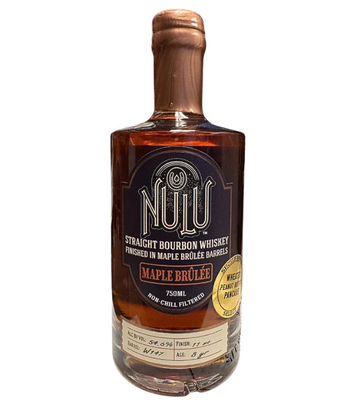 A 750ml bottle of Nulu 8 Year Single Barrel Maple Brûlée Bourbon 'Wheated Peanut Butter Pancake' (109.2 proof) features a dark label with gold and white text and a wax-sealed cap.