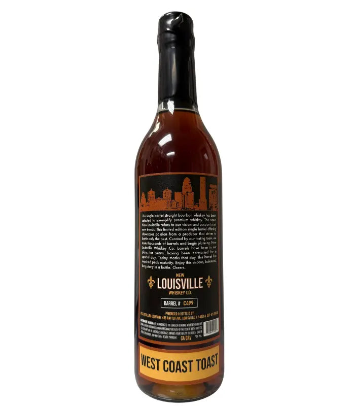 A bottle of Nulu New Louisville Whiskey Co. 8 Year Bourbon “West Coast Toast” Barrel #C499, 128.4 proof, featuring a city skyline label marked “Louisville,” black wax-sealed cap, and “West Coast Toast” on the bottom of the label.