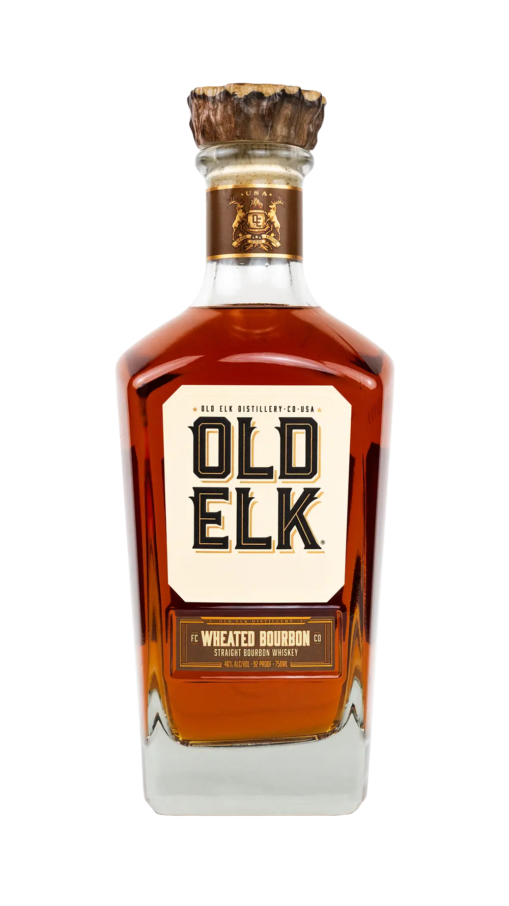 A bottle of Old Elk Bourbon’s Slow Cut Wheated Bourbon Straight Bourbon Whiskey, featuring a gold and white label, a wooden cap, and rich amber liquid inside, set against a plain white background—a perfect choice for those seeking a smooth sipping bourbon.