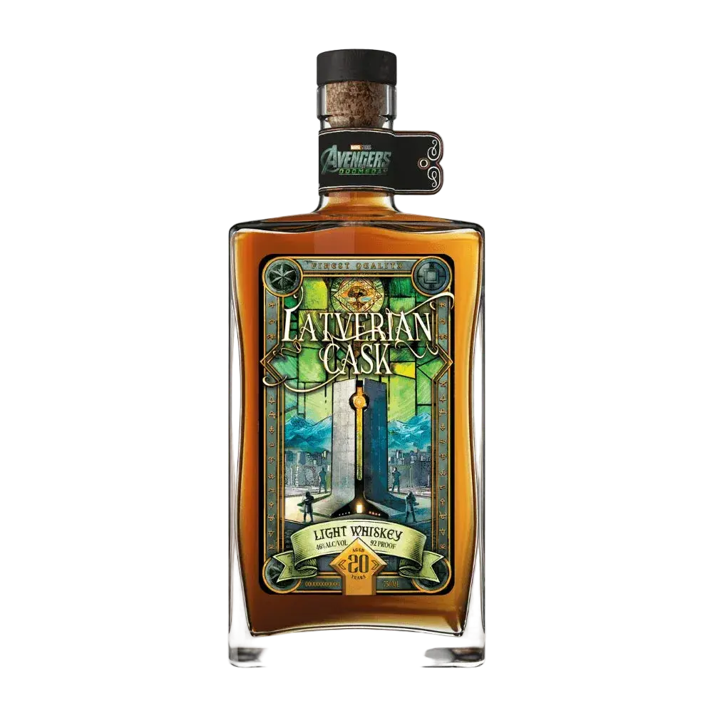 A bottle of Orphan Barrel x Avengers: Doomsday Latverian Cask 20 Year Old Light Whiskey featuring a stained-glass style label with the text Latverian Cask and 20 Years, topped with an Avengers Doomsday neck tag.