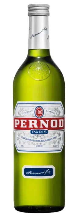 A green glass bottle of Pernod Paris cognac and vermouth spirit wine, featuring a white and red label with the brand name &