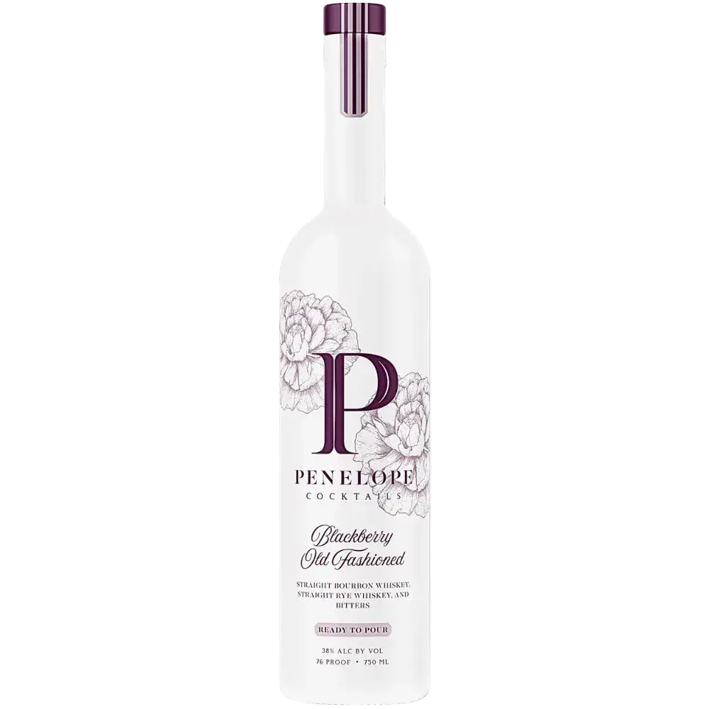 A white bottle labeled Penelope Blackberry Old Fashioned Cocktail by Penelope Bourbon features a large purple P, floral illustrations, and highlights its rich whiskey base as a ready-to-pour bourbon cocktail.