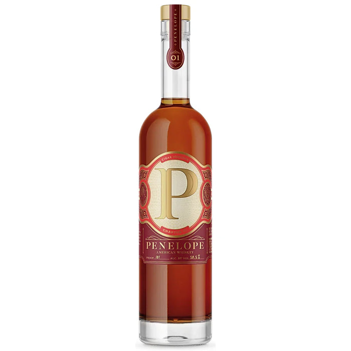 The Penelope Cigar Series Chapter 01 Limited Release American Whiskey from Penelope Bourbon features a tall, clear bottle with gold and red accents—a perfect limited edition for American whiskey lovers and ideal for pairing with cigars.