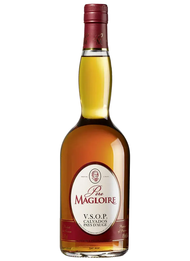 A 750mL bottle of Pere Magloire V.S.O.P. Calvados, featuring a red cap and a cream-and-red label, filled with golden-brown French apple brandy from Normandy.
