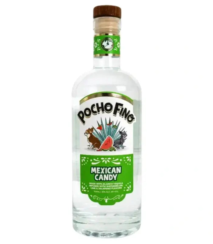 Pocho Fino Mexican Candy Tequila features a clear bottle with a green label showcasing animals, agave, and a watermelon slice, finished with a wooden cap. This unique tequila delivers the fun and spice of classic Mexican candy.