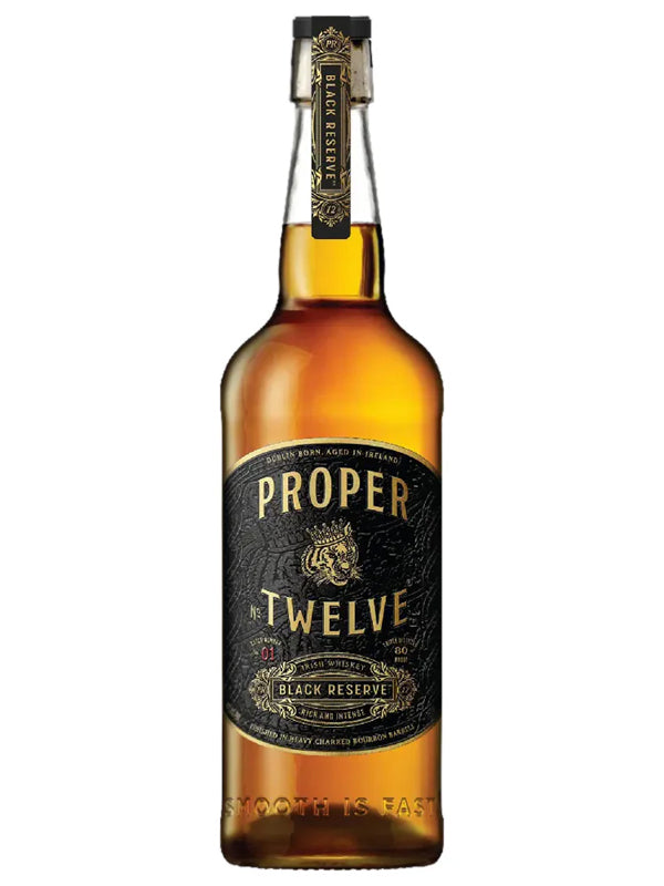 A bottle of Proper No. Twelve Black Reserve Irish Whiskey by Conor McGregor, featuring a black and gold label with ornate detailing and the Proper No. Twelve brand name displayed prominently.