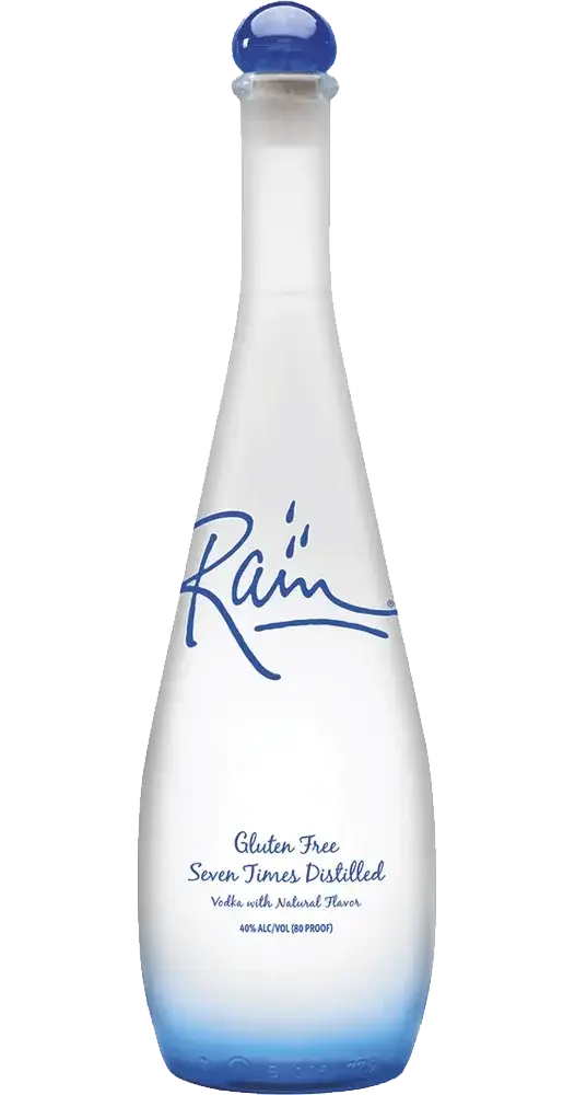 A clear glass bottle of Rain Gluten Free Vodka features blue-tinted accents at the top and bottom, with “Rain” and product details in blue text on the front. This premium vodka from Rain is gluten free, making it perfect for mixing into your favorite cocktails.