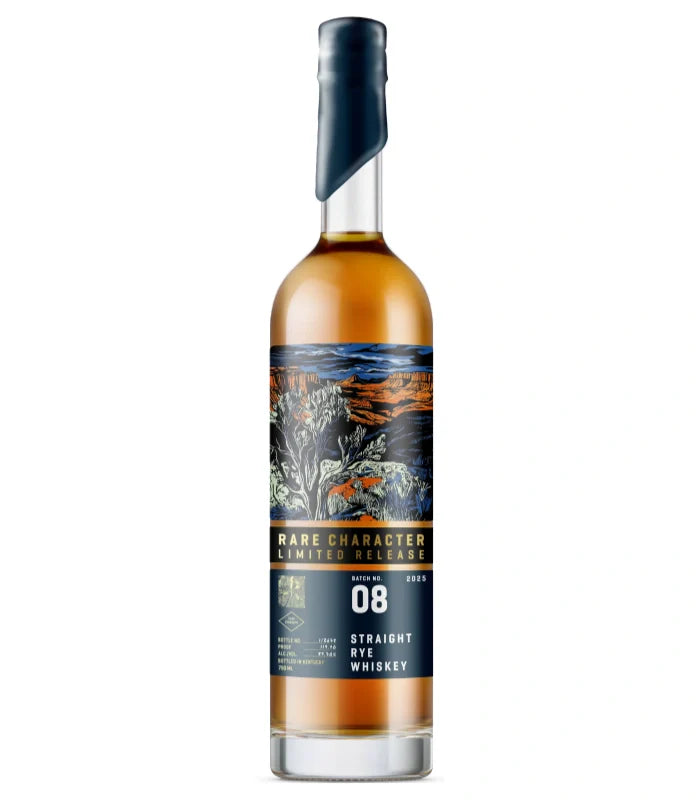 A bottle of Rare Character Whiskey’s RCLR Straight Rye Whiskey Batch 8 2025 Limited Release, showcasing an illustrated landscape label and a navy blue wax-sealed cap.