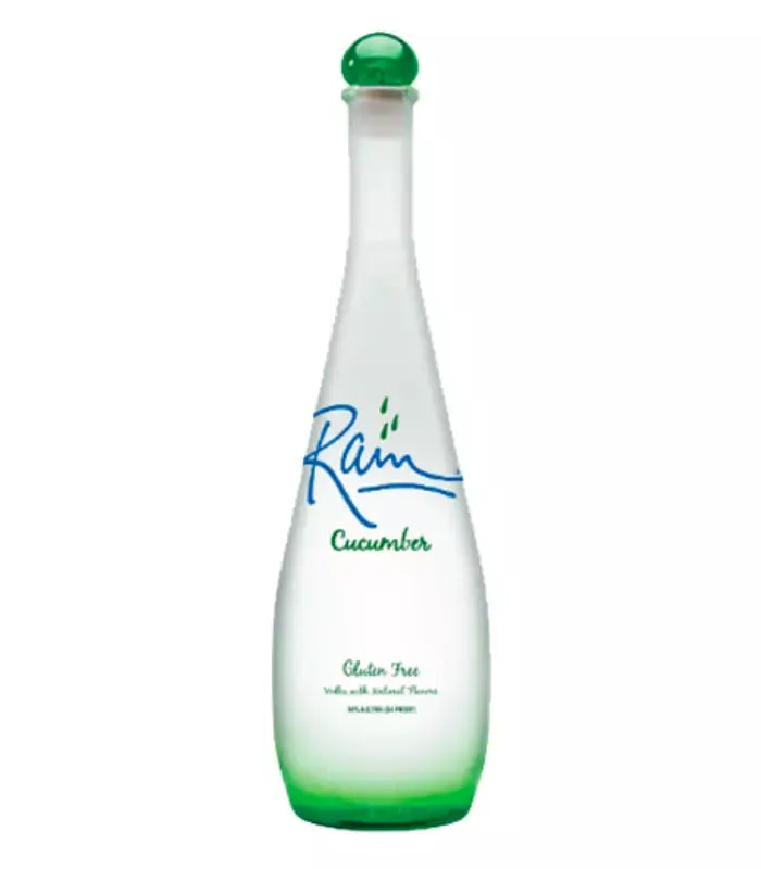 A tall, frosted bottle with a green cap and base labeled Rain Cucumber Vodka from the Rain brand features blue and green text, highlighting that it is a gluten free vodka made with natural flavors—ideal for anyone seeking a refreshing cucumber vodka experience.
