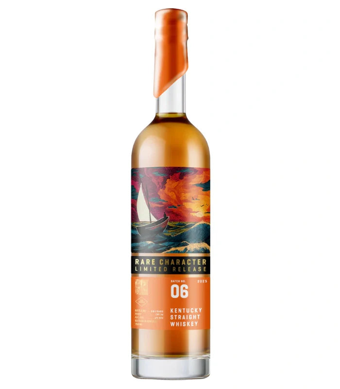 A bottle of Rare Character RCLR Kentucky Straight Whiskey Batch 6 2025 Release by Rare Character Whiskey features a vibrant label with a sailboat braving stormy seas beneath a dramatic, colorful sky.