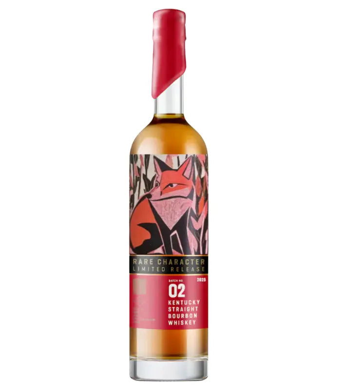 A bottle of Rare Character RCLR Kentucky Straight Bourbon Batch 2 2025 Release, featuring a red fox on the label with a forest background and a red wax seal. This barrel strength bourbon delivers bold, distinctive flavor.