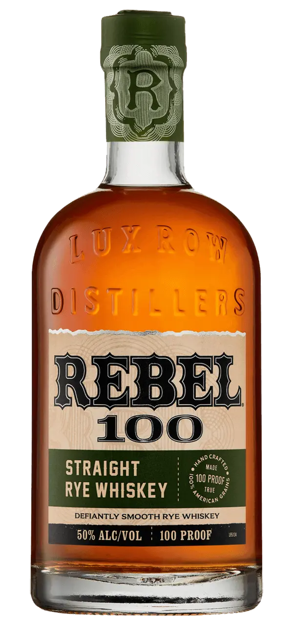 A bottle of Rebel Yell Rebel Bourbon 100 Proof Straight Rye Whiskey, with a green cap and label bearing gold and white text—50% alc/vol, 100 proof—offers defiantly smooth rye flavor for bold whiskey lovers.