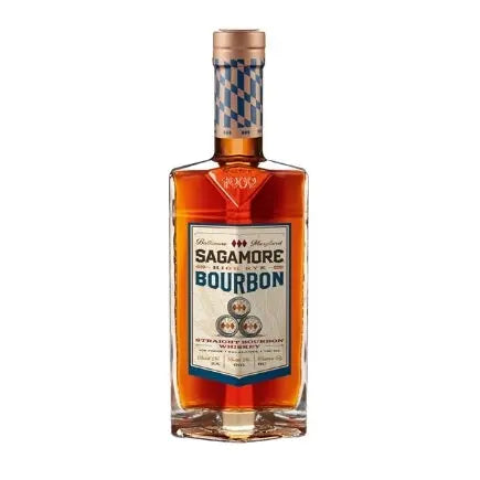 A bottle of Sagamore Spirit Sagamore High Rye Bourbon Straight Whiskey with amber liquid, a gold and blue patterned neck, and a label showing the brand name and details—a true Maryland whiskey.