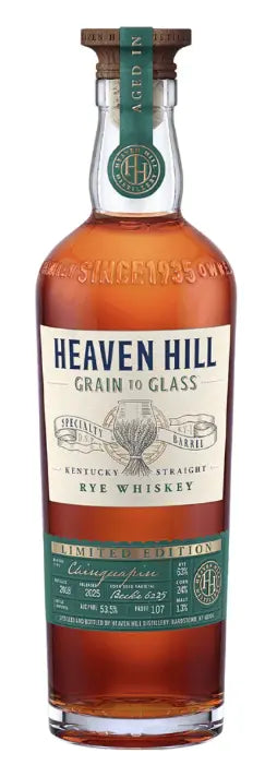Heaven Hill Distillery's Grain to Glass Rye Whiskey Chinquapin Oak features a crafted label and highlights Chinquapin Oak notes from grain to glass.