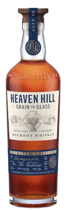 A bottle of Heaven Hill Distillery's Grain to Glass Bourbon Whiskey Chinquapin Oak, Limited Edition, comes with a wooden cork and a blue, cream, and gold-accented label.