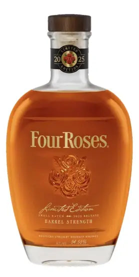 A bottle of Four Roses Limited Edition 2025 Small Batch Bourbon, featuring a clear glass bottle with a wooden cap and gold lettering on the front.