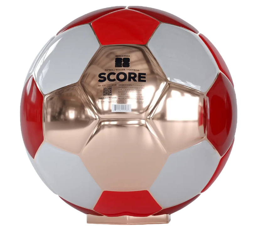 The Score Tequila Reposado 2026 World Cup Canada Limited Edition Soccer Ball Bottle features gold, red, and white panels with "SCORE" and product details, standing on a clear holder—a perfect collectible for World Cup tequila fans.