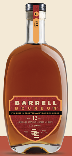 A limited-edition bottle of Barrell Craft Spirits’ Barrell Bourbon 12 Year Bourbon in Toasted American Oak features a red and gold label, notes "Aged 12 Years," and displays its rich amber color.