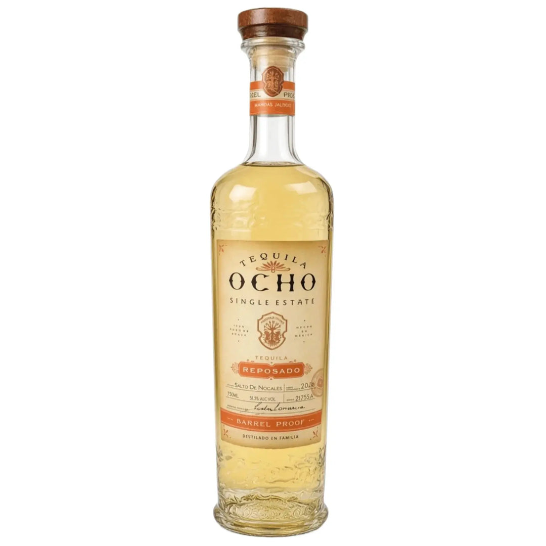 A glass bottle of Tequila Ocho Barrel Proof Reposado Salto de Nogales 2026 Tequila 750mL with a wooden cork stopper and a label featuring the text Single Estate and Barrel Proof.