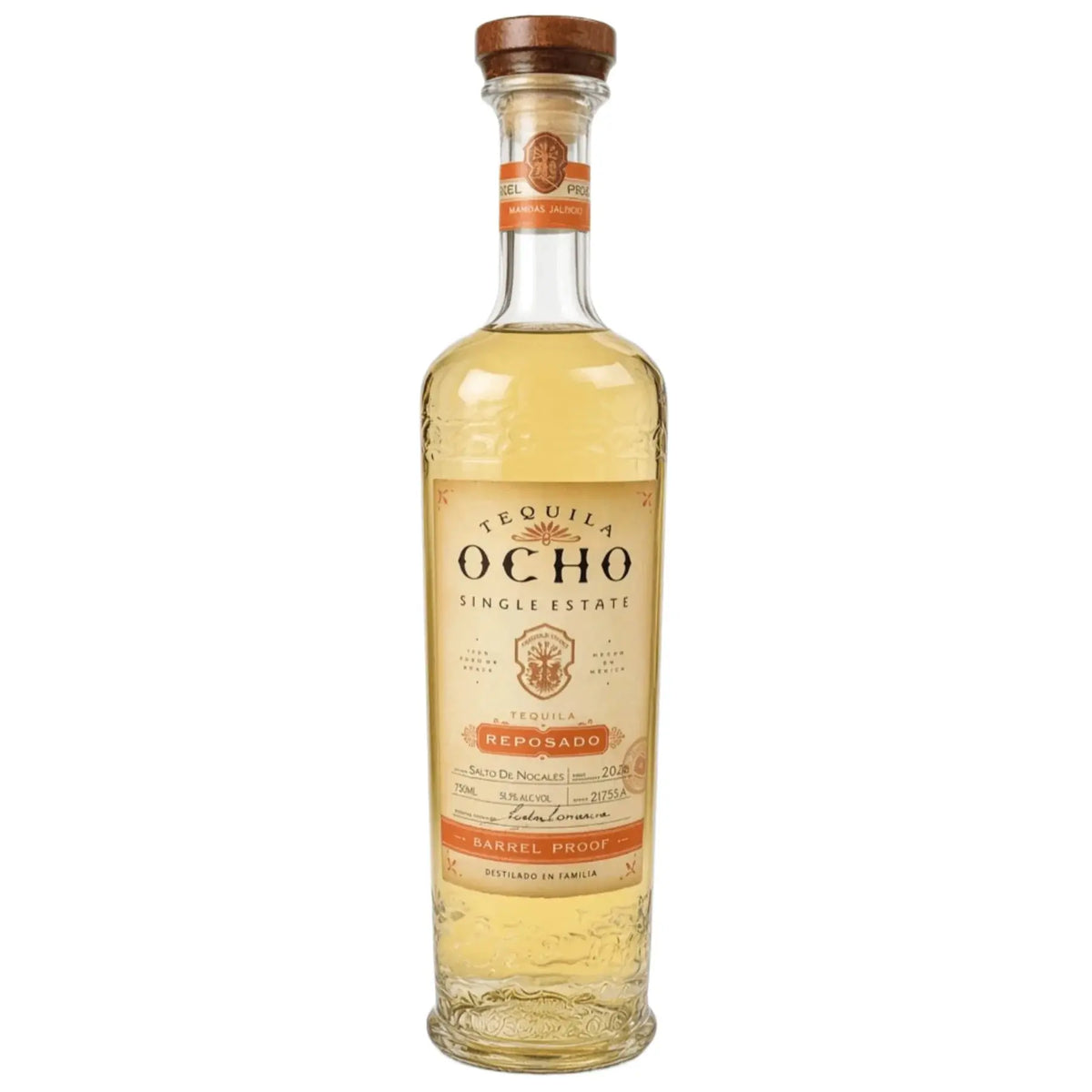 A glass bottle of Tequila Ocho Barrel Proof Reposado Salto de Nogales 2026 Tequila 750mL with a wooden cork stopper and a label featuring the text Single Estate and Barrel Proof.