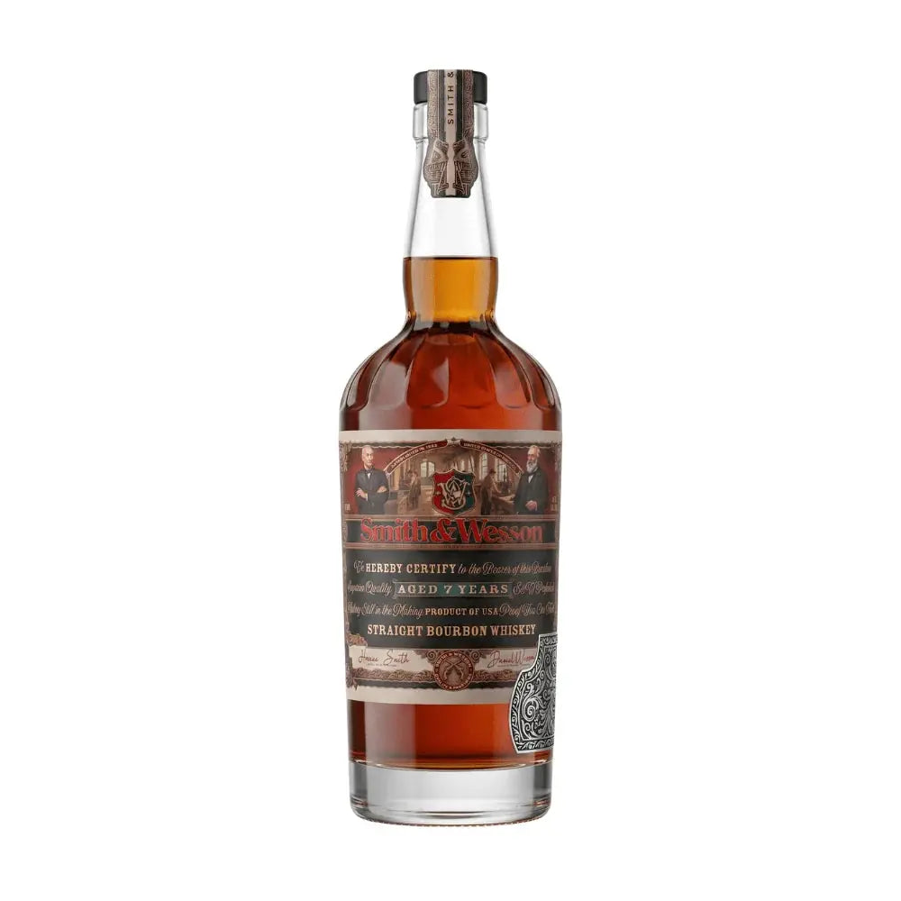 A 750ml bottle of Smith &amp; Wesson 7 Year Straight Bourbon Whiskey from Smith &amp; Wesson, featuring a detailed label and a wax-sealed cap, filled with amber-hued American bourbon whiskey and isolated on a white background.