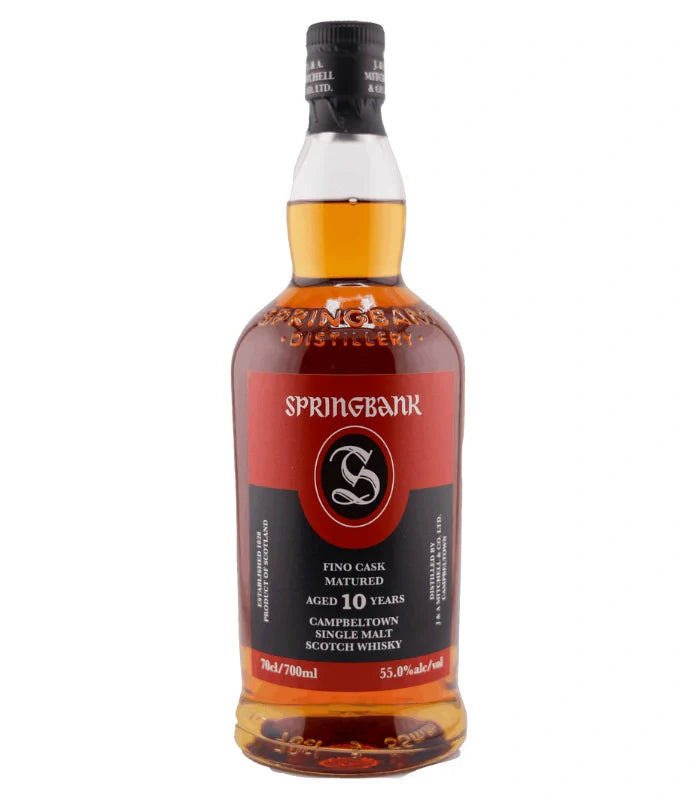 A 700mL bottle of Springbank 10 Year Fino Cask Matured Single Malt Scotch Whisky, 55.0% ABV, featuring a red and black label.