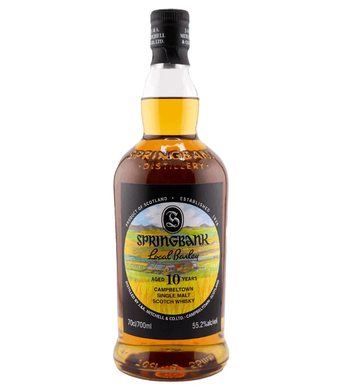 A 700mL bottle of Springbank Local Barley 10 Year Single Malt Scotch Whisky 2025 Edition, 55.2% ABV, from Springbank—a limited release with a black and gold label.