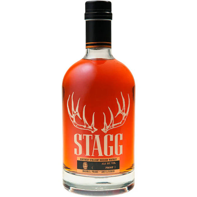 A bottle of Stagg Kentucky Straight Bourbon Whiskey Batch 25C 125.6 Proof by Buffalo Trace, featuring an antler design label, filled with amber barrel proof bourbon and sealed with a black cap.