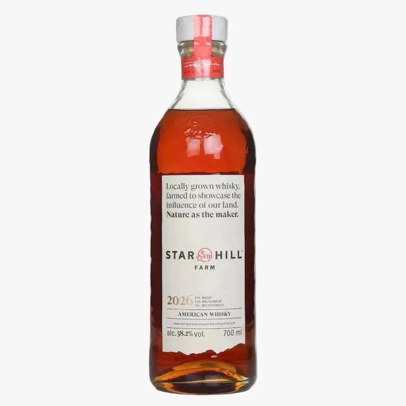 A 700ml bottle of Star Hill Farm Whisky 2026 Release by Maker's Mark, featuring an amber liquid, white label, red and silver cap, locally grown Kentucky whiskey, and 52.3% ABV.