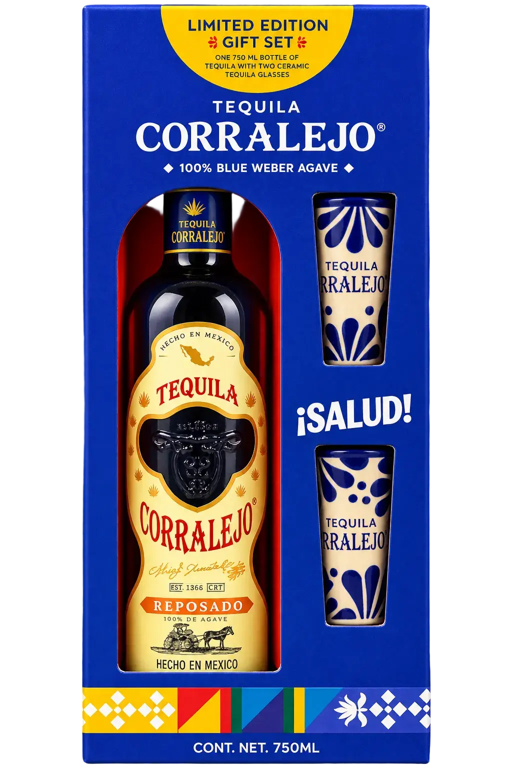 A Corralejo Reposado Tequila Gift Set with 2 Ceramic Glasses, including a 750ml bottle and two decorated ceramic shot glasses displayed in a blue cardboard box.
