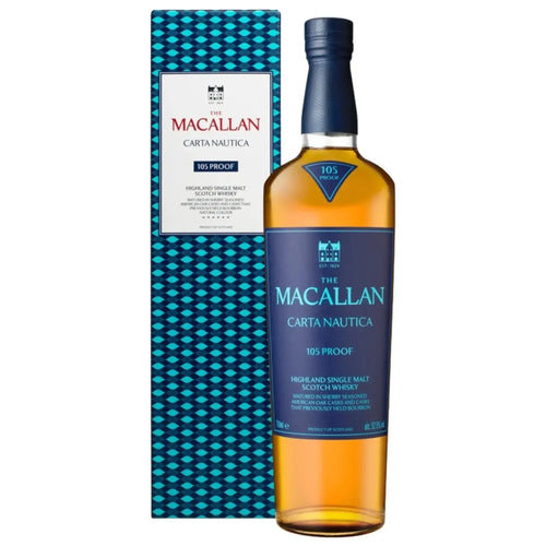 A bottle of The Macallan Carta Nautica 105 Proof Highland Single Malt Scotch Whisky standing in front of its matching blue patterned box.