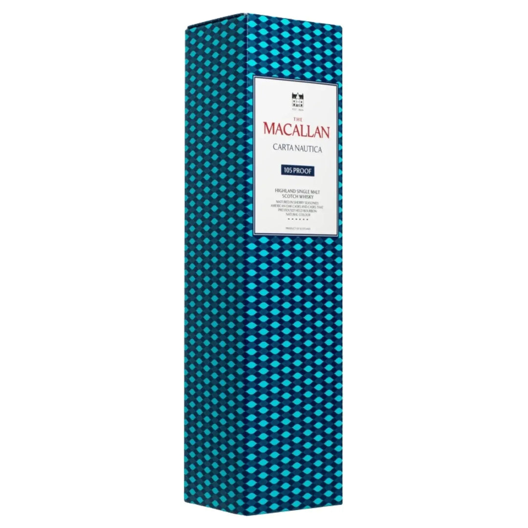A tall, rectangular box for The Macallan Carta Nautica 105 Proof Highland Single Malt Scotch Whisky, featuring a bright blue, patterned exterior and a central white label.