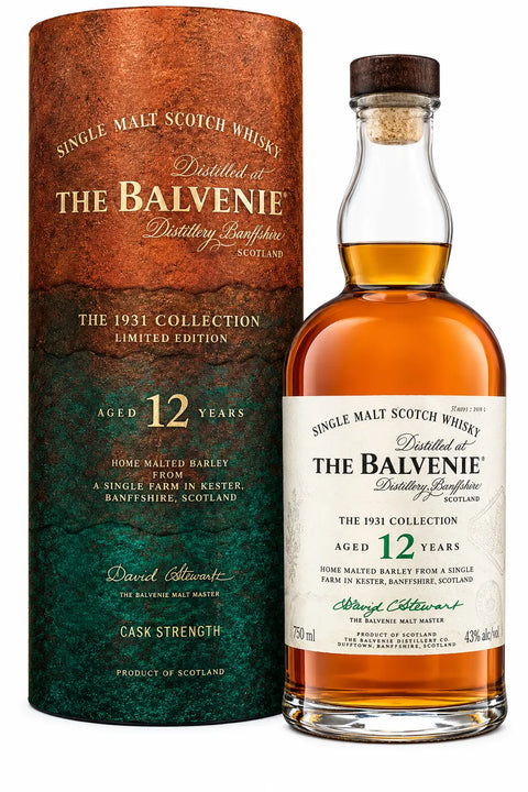 A bottle of The Balvenie 1931 Collection 12 Year 100% Home Malted Barley Single Malt Scotch Whisky (700mL, Pre-Order) stands beside its cylindrical packaging, both adorned with refined labels and a warm brown and green palette that echo the distinguished style of The Balvenie brand. Crafted entirely from home malted barley, this single malt Scotch whisky showcases exceptional craftsmanship in every pour.