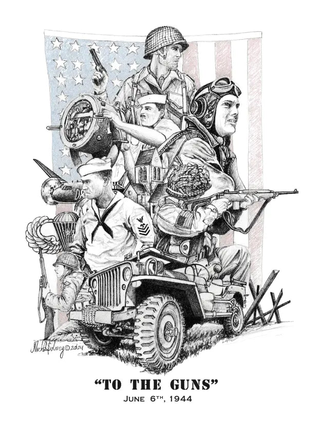 Illustration of WWII U.S. soldiers, pilot, and sailor on a Jeep before a flag, captioned “TO THE GUNS” with date June 6th, 1944. Celebrate history with Heritage Distilling’s Special Operations Salute™ Whiskey—D-Day 80th Anniversary set.