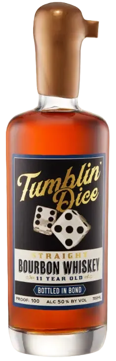 A bottle of Tumblin’ Dice Straight Bourbon Whiskey 11 Year Old Bottled in Bond, featuring a gold wax seal, black label with gold and white text, and images of two dice. Brand: Tumblin' Dice.