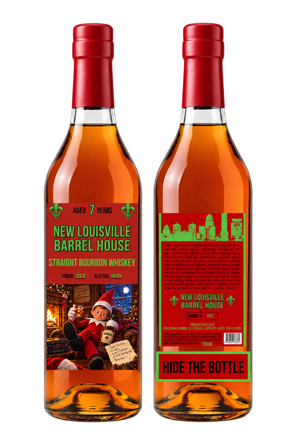 Front and back view of a New Louisville Hide the Bottle Christmas Edition 7 Year Bourbon 132.2 Proof bottle featuring an elf by a fireplace and the text Hide the Bottle.