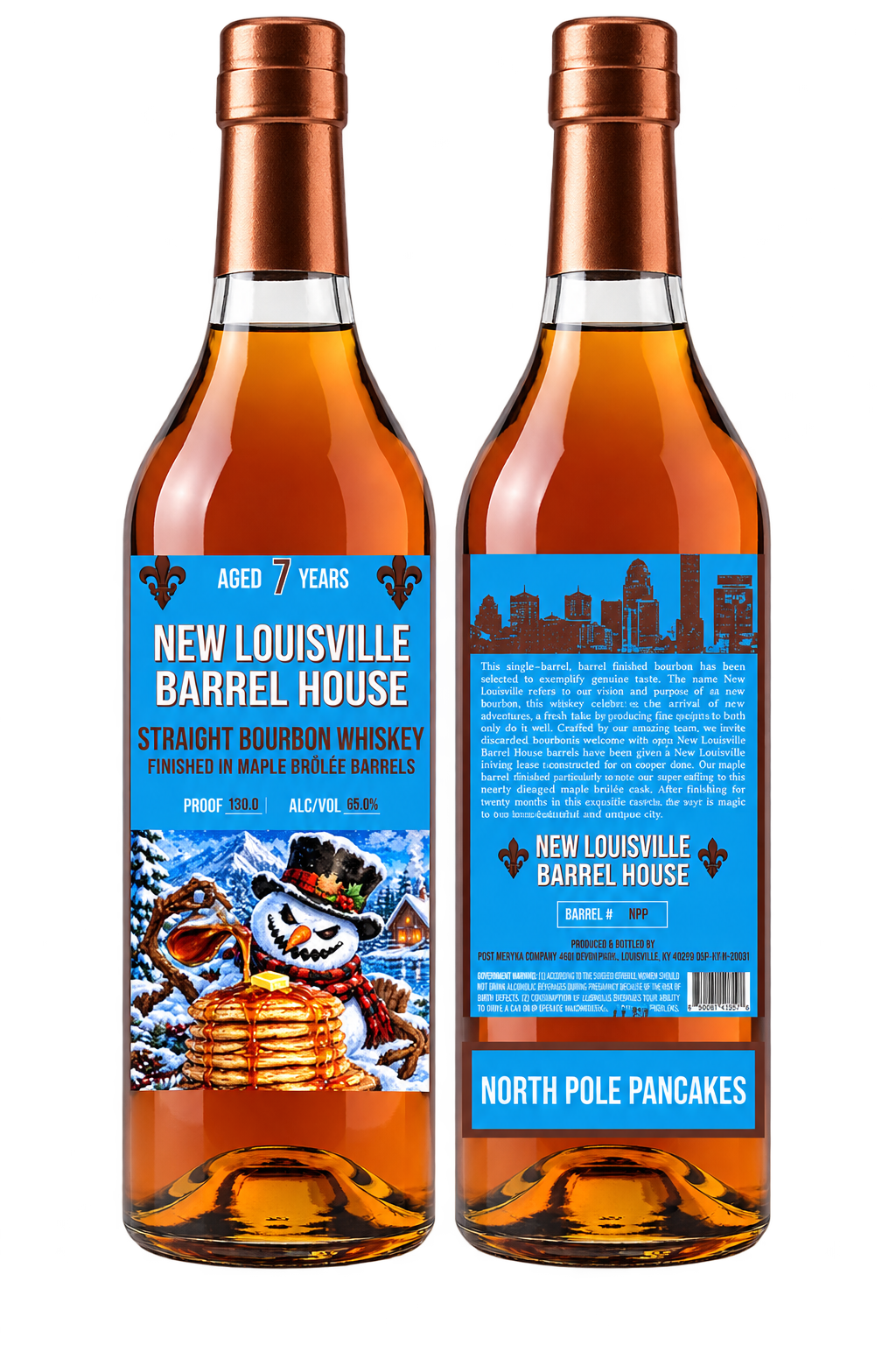 A bottle of New Louisville North Pole Pancakes Christmas Edition 7 Year Maple Brûlée Finished Bourbon 130.8 Proof (Pre-Order) with a blue label featuring a cartoon snowman holding a stack of pancakes and a description of the maple brûlée finish.