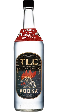 TLC Vodka comes in a clear bottle with a quirky "Tastes Like Chicken" label featuring a chicken illustration and a red neck tag that says, "Thanks for Pickin Chicken." Enjoy this unique craft American vodka from TLC Vodka.
