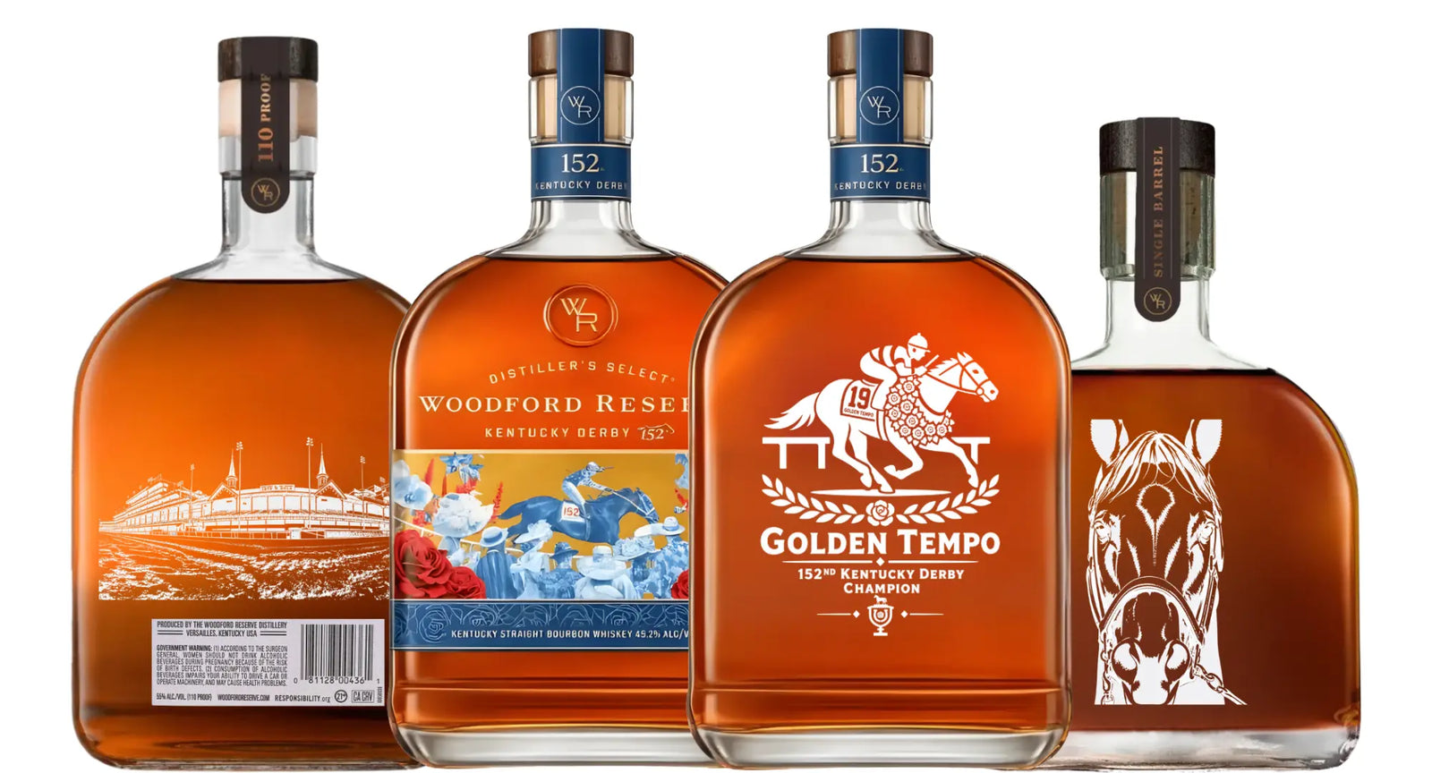 Four custom-engraved Woodford Reserve Derby Bundle bottles are shown, each with unique Kentucky Derby 152 artwork: racetrack, colorful horses and flowers, jockey on a horse, and a white horse head. Includes Golden Tempo, Elevated Proof, BML Barrel Pick.