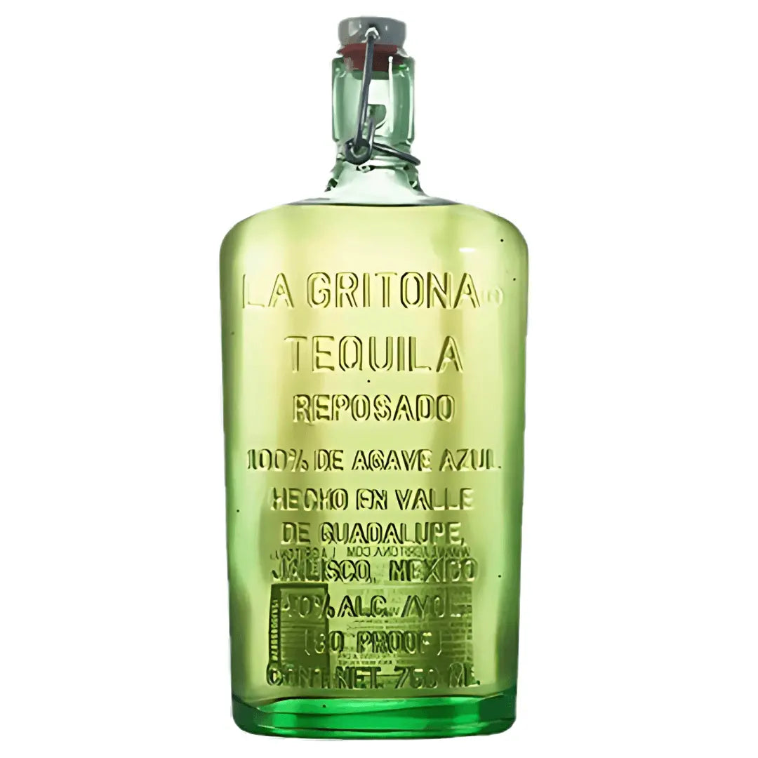A green glass bottle of La Gritona Reposado Tequila 750mL, crafted from 100% blue weber agave, features embossed details on origin, alcohol content, and capacity. The La Gritona bottle comes with a distinctive swing top cap.