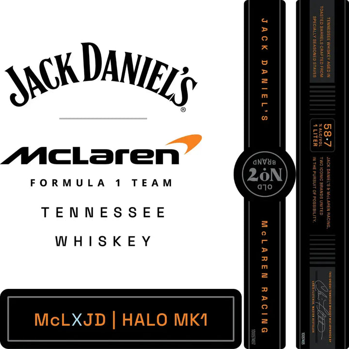 Jack Daniel’s McLaren Prestige Tennessee Whiskey Limited Edition 1L features exclusive label graphics, “No. 7 Brand,” “McLxJD | Halo MK1,” and racing accents—a must-have collector’s item for Formula 1 fans.