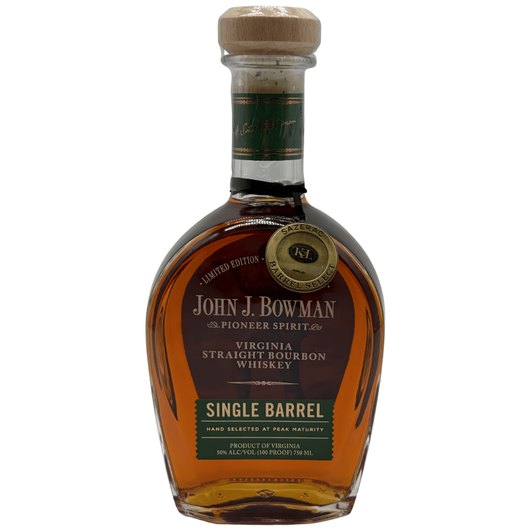 A. Smith Bowman Distillery’s John J. Bowman Single Barrel Bourbon – K&L Wines Store Pick (Limited Edition) features a wooden cap, gold medallion neck seal, and a dark label with gold and green accents for an exclusive appeal.