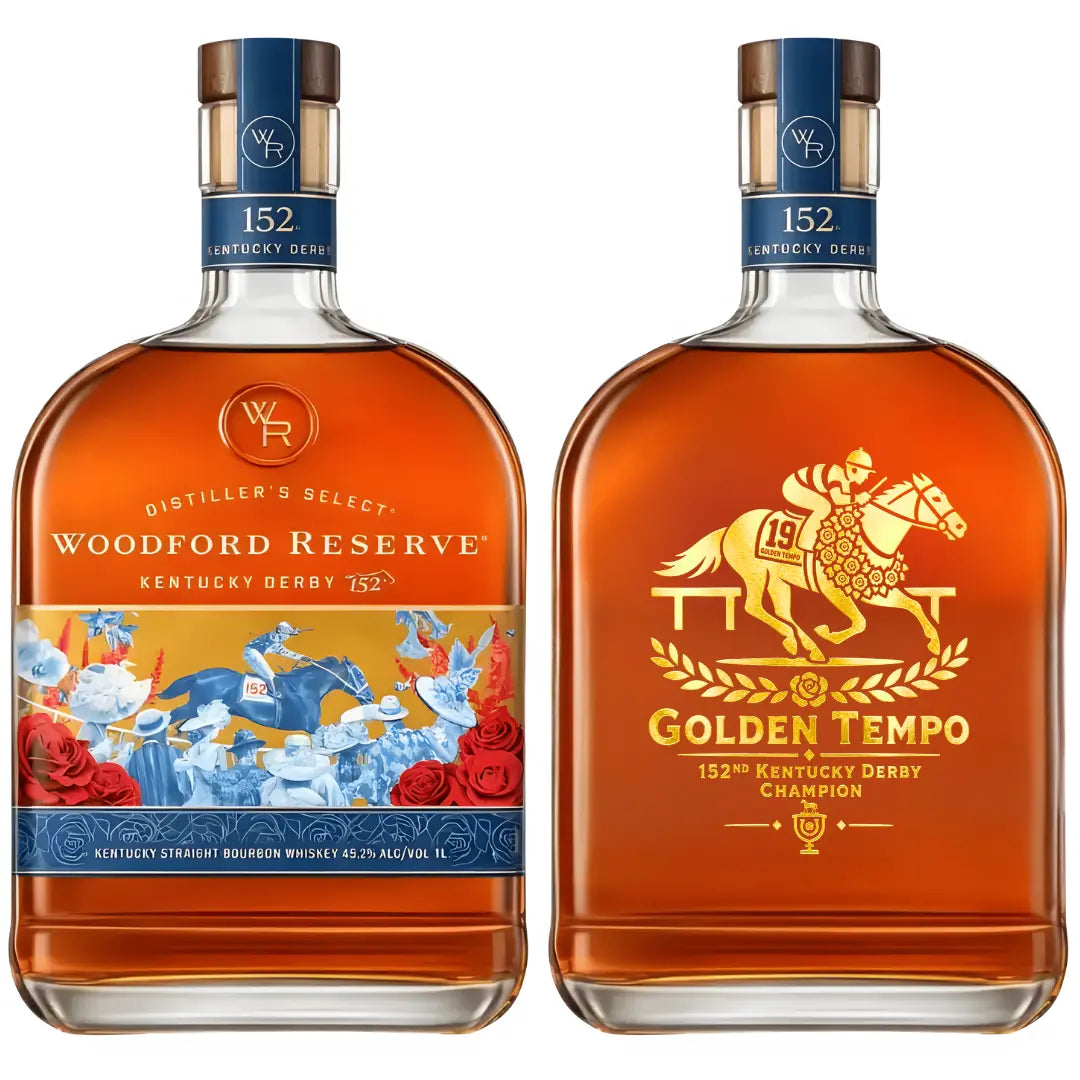 Two limited-edition 1L bottles of Woodford Reserve Kentucky Derby 152 bourbon: one with roses and jockeys, the other featuring a gold horse design with Golden Tempo Champion details.