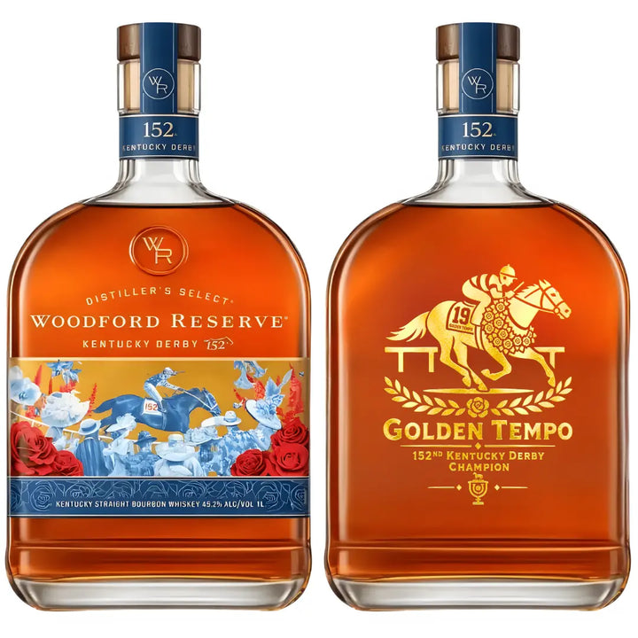 Two limited-edition 1L bottles of Woodford Reserve Kentucky Derby 152 bourbon: one with roses and jockeys, the other featuring a gold horse design with Golden Tempo Champion details.