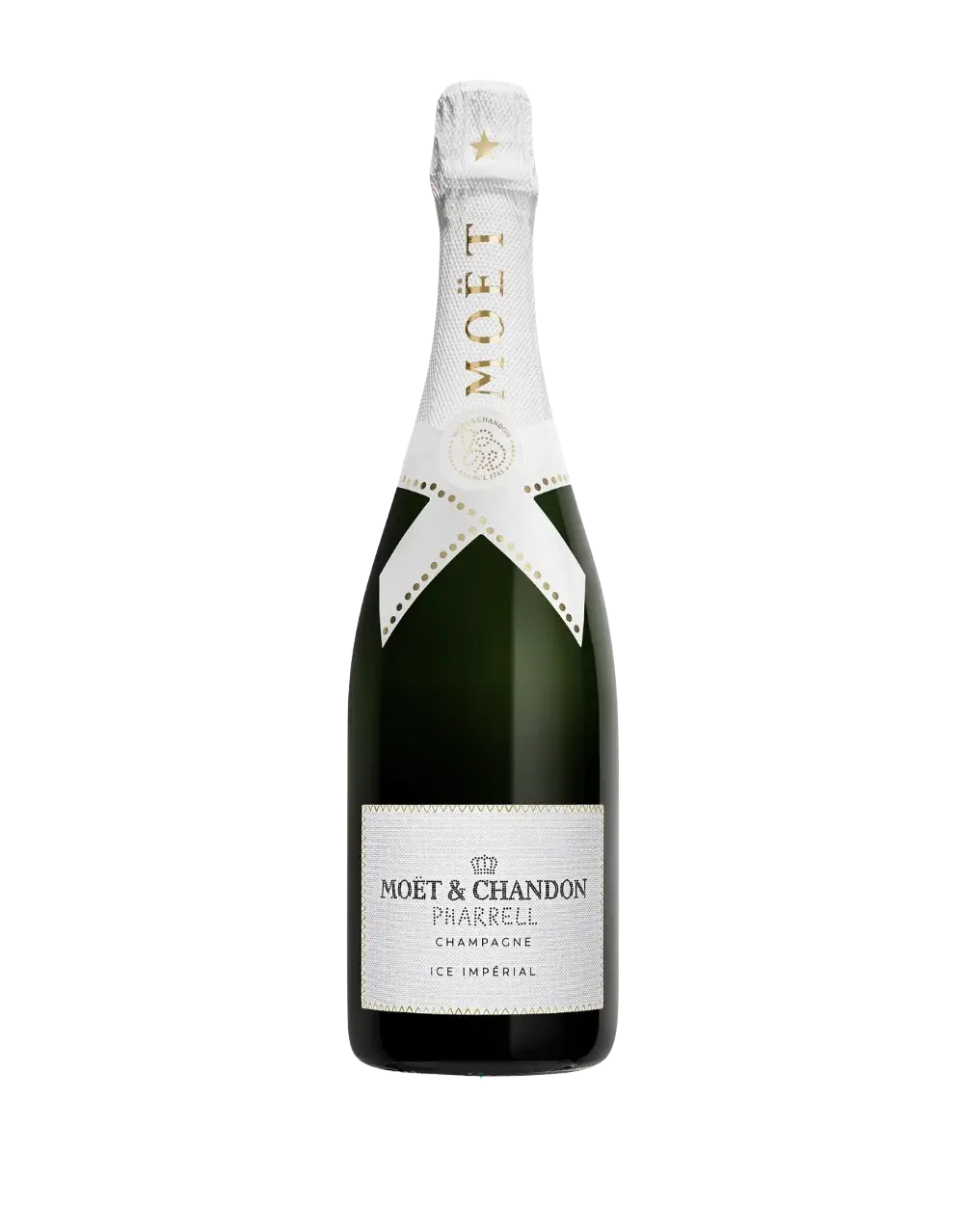 A bottle of Moët & Chandon x Pharrell Williams Ice Impérial Limited Edition Champagne, featuring a white and gold label with gold accents and a white neck wrap displaying the Moët & Chandon brand name and logo.