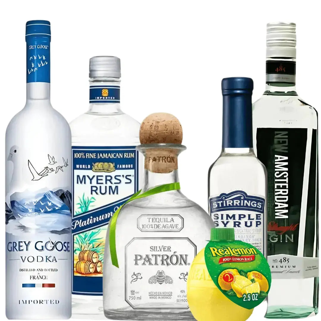 The Long Island Iced Tea Cocktail Kit: Premium Spirits &amp; Mixers Bundle from Main Street Liquor features six top-shelf bottles, perfectly arranged on a white background—ideal for crafting the ultimate classic cocktail at home.