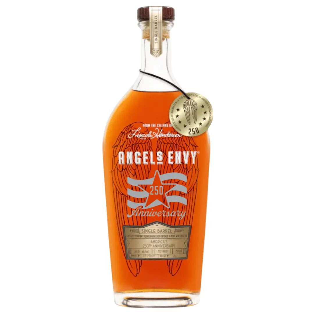 A collectible bottle of Angel’s Envy Single Barrel America’s 250th Anniversary Bourbon features orange whiskey, wing graphics, a “250th Anniversary” label, and a gold medallion around the neck. Limited edition from Angel&