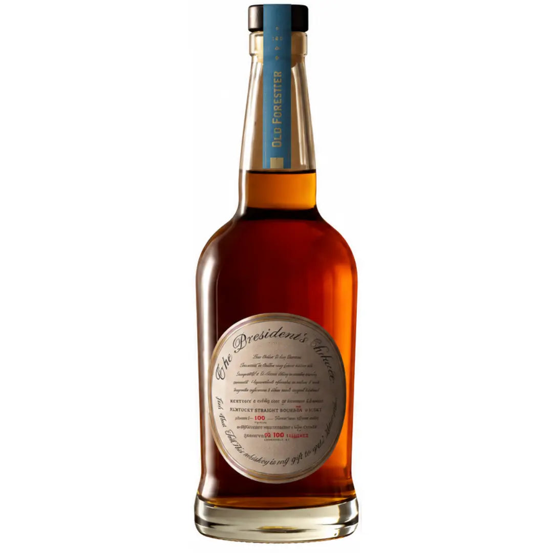 A bottle of Old Forester President's Choice Kentucky Straight Bourbon Whiskey 2026 700mL features amber liquid, a blue top seal, and an oval front label with the product's name and details from the Old Forester brand.