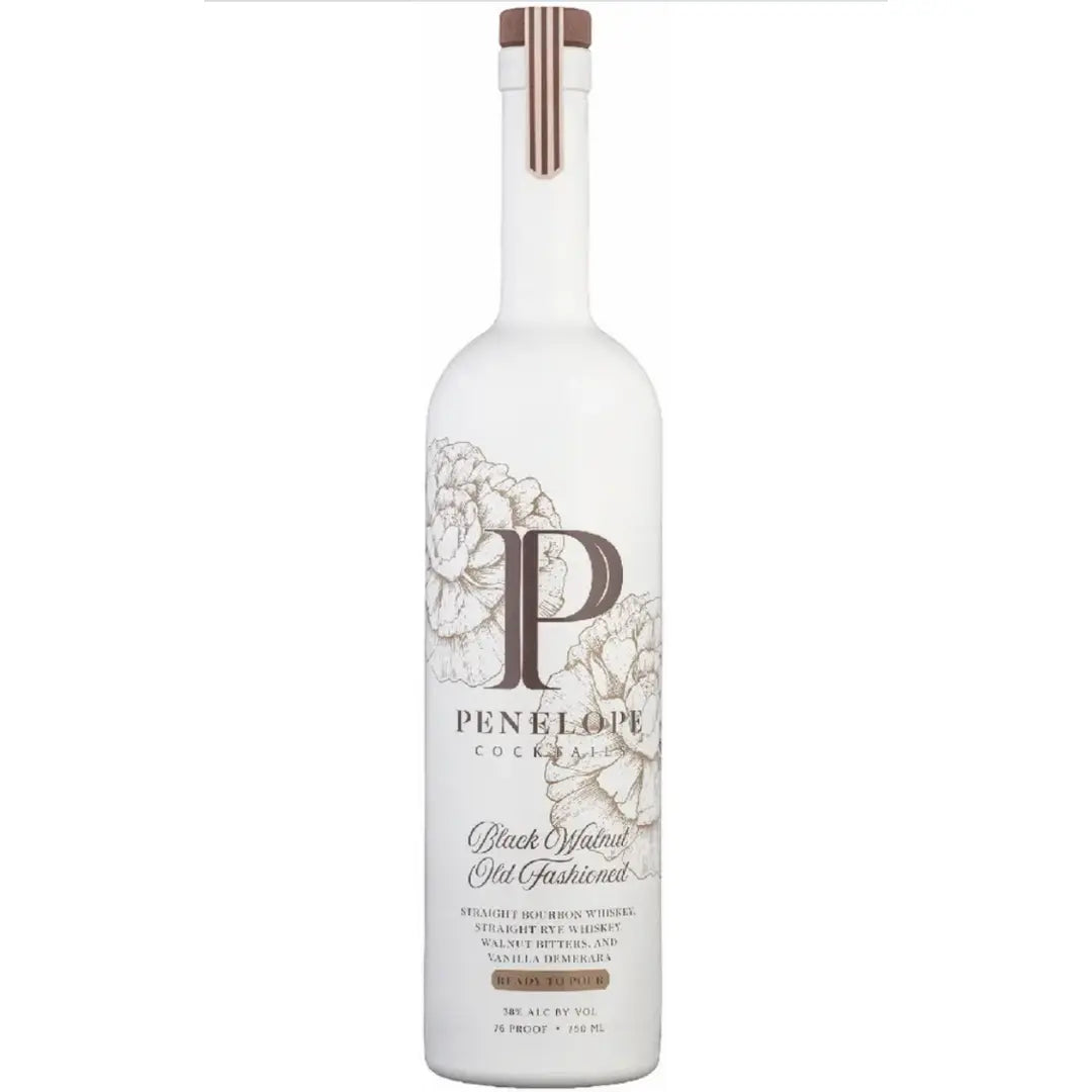A tall, white bottle labeled Penelope Bourbon with elegant floral designs and a large P on the front. Copper-toned accents highlight this ready-to-pour cocktail: Penelope Black Walnut Old Fashioned, made with bourbon whiskey.