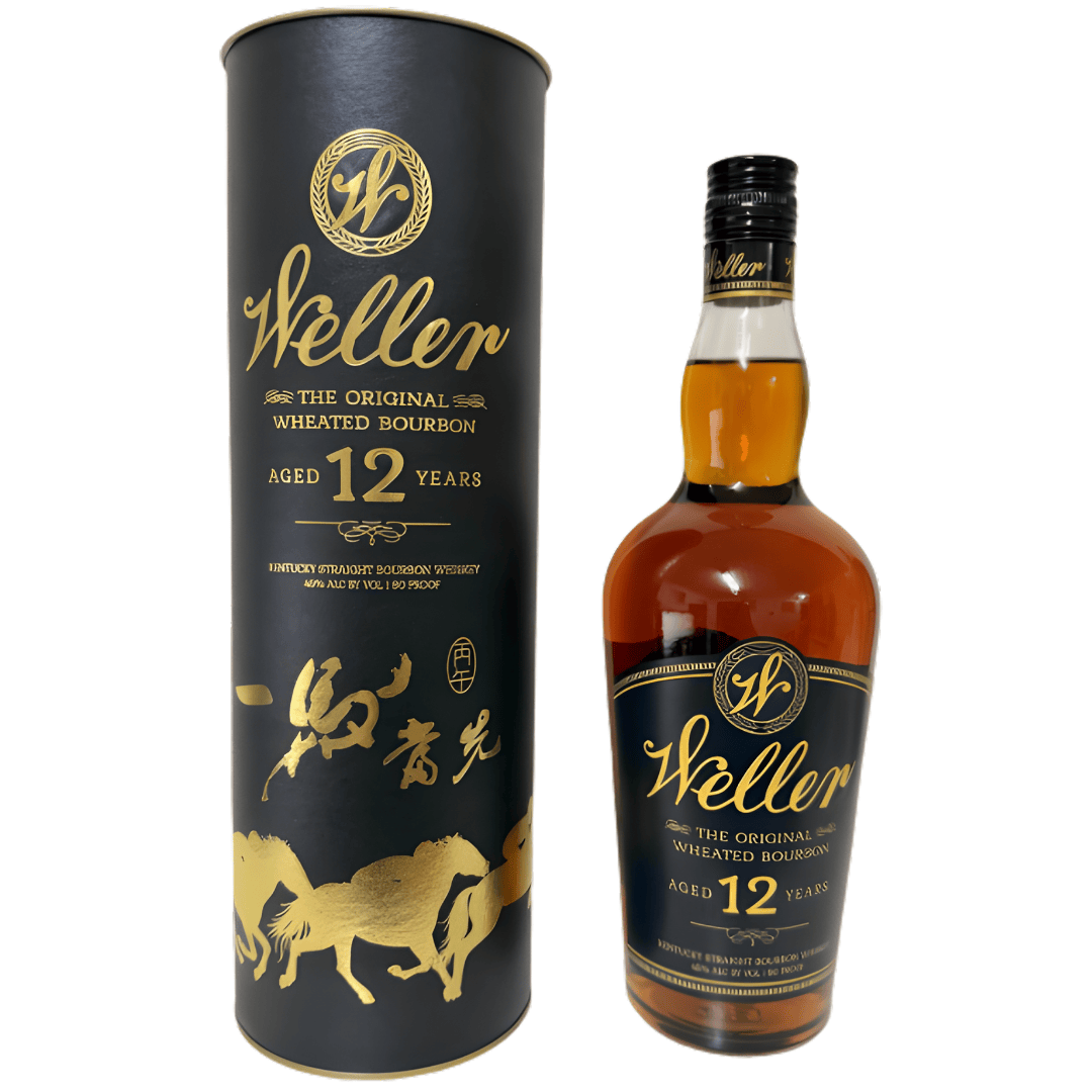 The Weller 12 Year Old Year of the Horse Limited Edition 700mL from Buffalo Trace comes with a matching black and gold box featuring horse graphics and gold lettering—an eye-catching collectible highlighting its 12-year aging.
